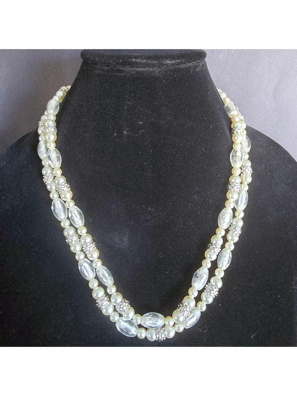Vintage Double Strand Faux Pearl and Venetian Glass Beaded Necklace